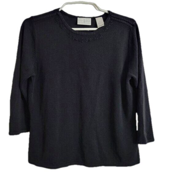 Liz Claiborne XL Knit Sweater Black beaded neck First Issue Acrylic knit 3/4 slv - Picture 1 of 12